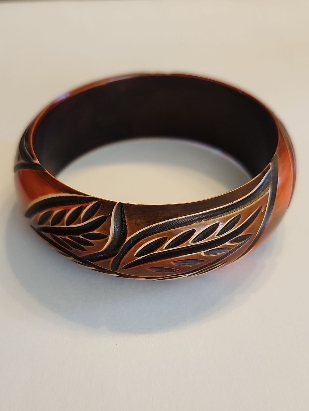 Mid Century Burnt Orange Deeply Carved Large Bangle Bracelet 8"